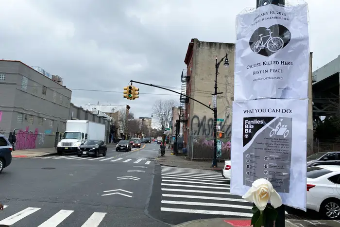A flier indicating a cyclist was killed at a Brooklyn intersection.